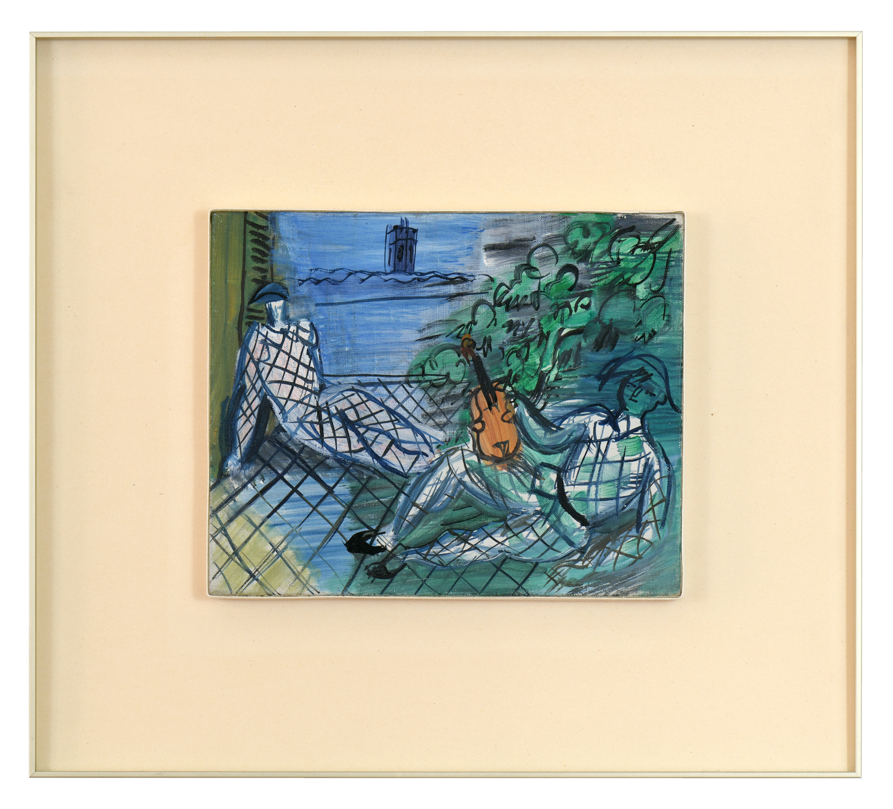 Arlequins vert et blanc au violon